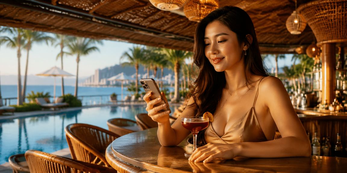 Người chơi slot game đội nón lá tại Nha Trang